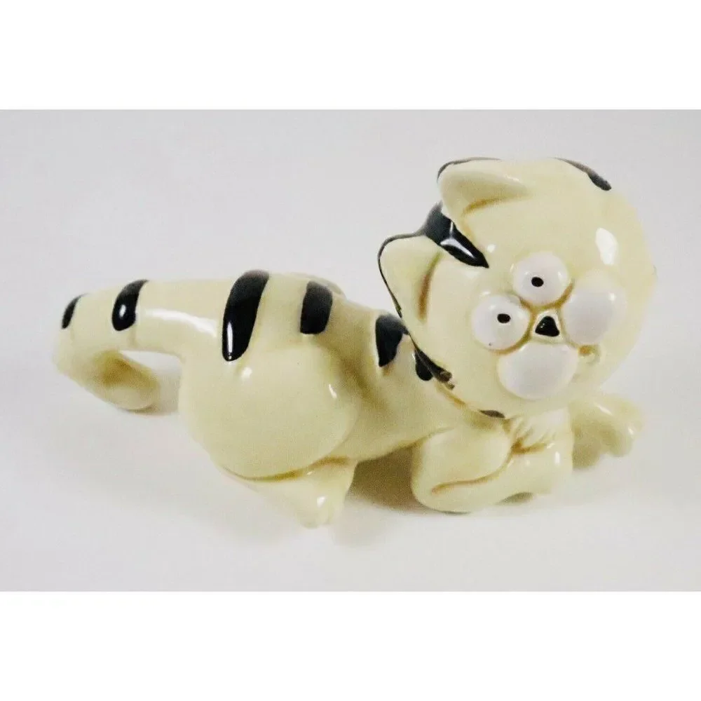 Vintage Ceramic Striped Funny Face Cat Figurine Silly Kitty Chubby Cheeks Kawaii